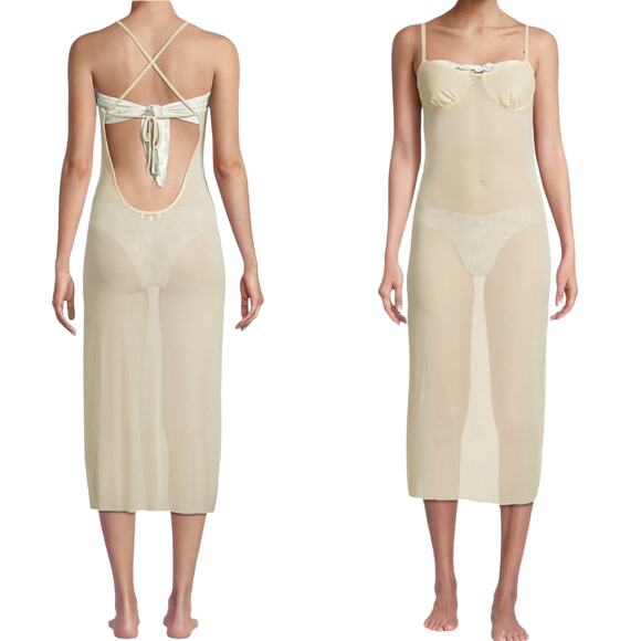 WEWOREWHAT Scoop Back Maxi Dress Power Mesh Off White Cover Up Slip Large NWT - Picture 2 of 10